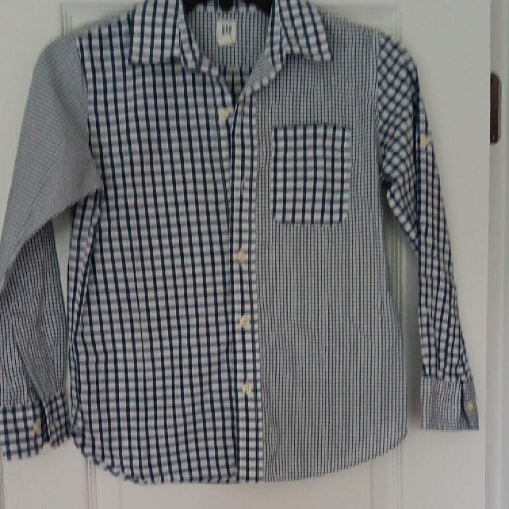 Blue and White Button Down Shirt with Mixed Patterns